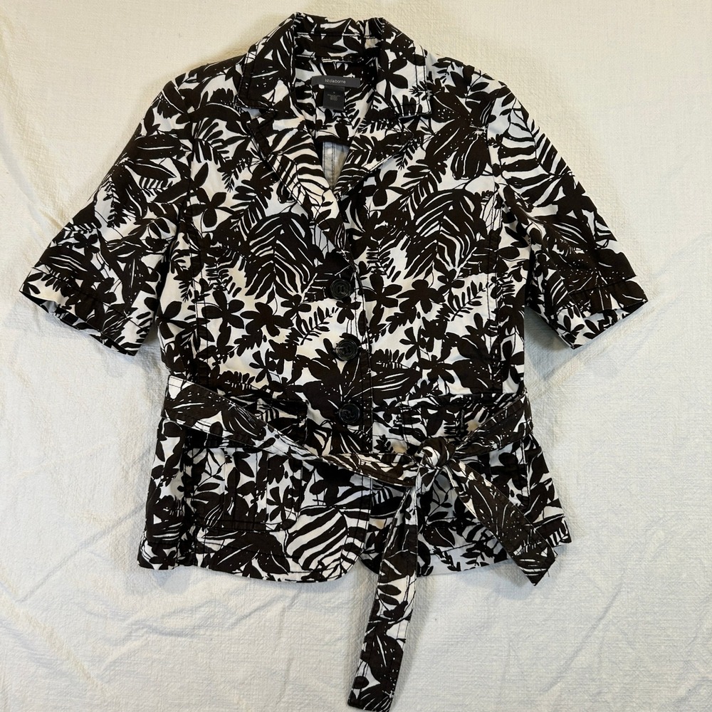 Liz Claiborne Womens Brown White Tropical Floral Belted Short Sleeve Blazer 8